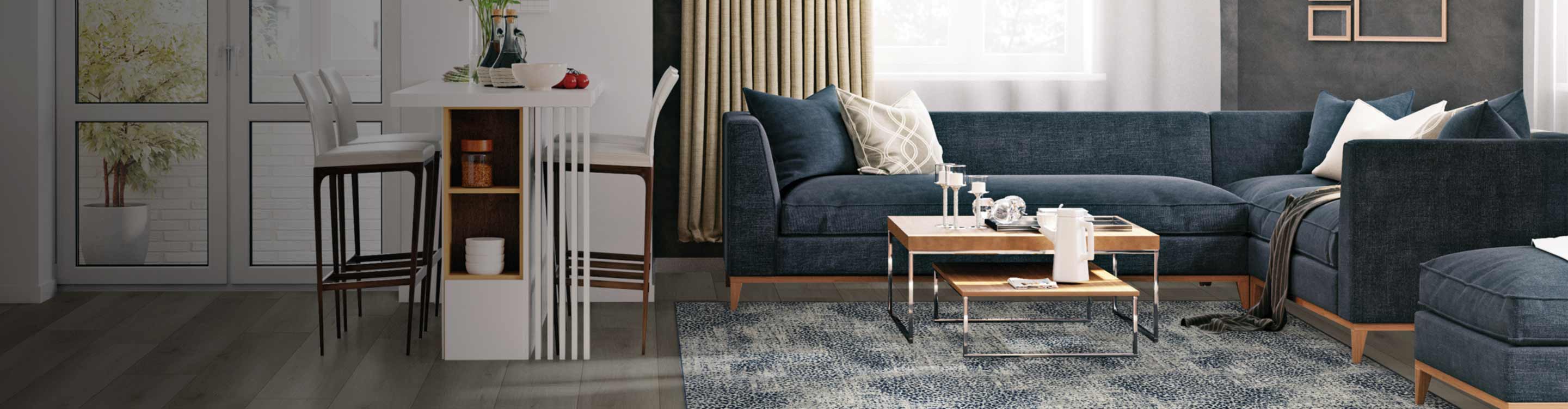 Area rug in a living room with navy blue furniture