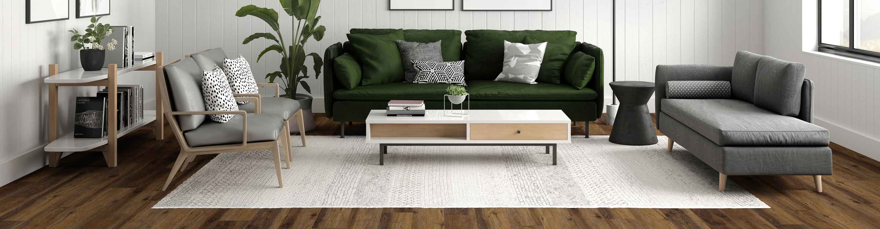 White area rug in an earthy boho living room